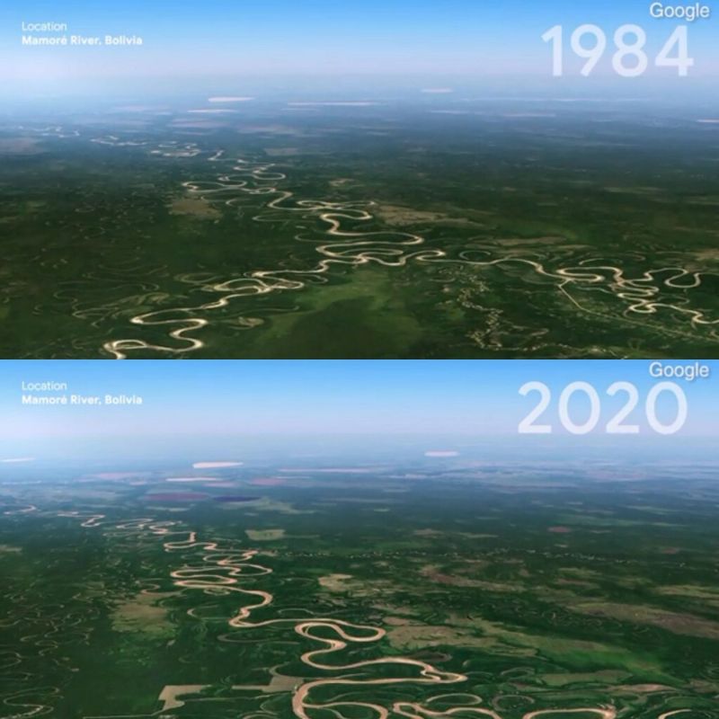 Rio Mamoré, na Bolívia em 1984 e em 2020 - (Foto: Google Earth)