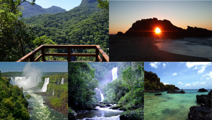 Crédito: Parque Nacional da Tijuca (RJ) | Crédito: Parque Nacional de Jericoacoara (CE), Agência Brasil | Crédito: Parque Nacional do Iguaçu, Thonny Cantaleano | Crédito: Parque Nacional Serra da Bocaina, ICMBio | Crédito: Parque Nacional de Noronha, Agên