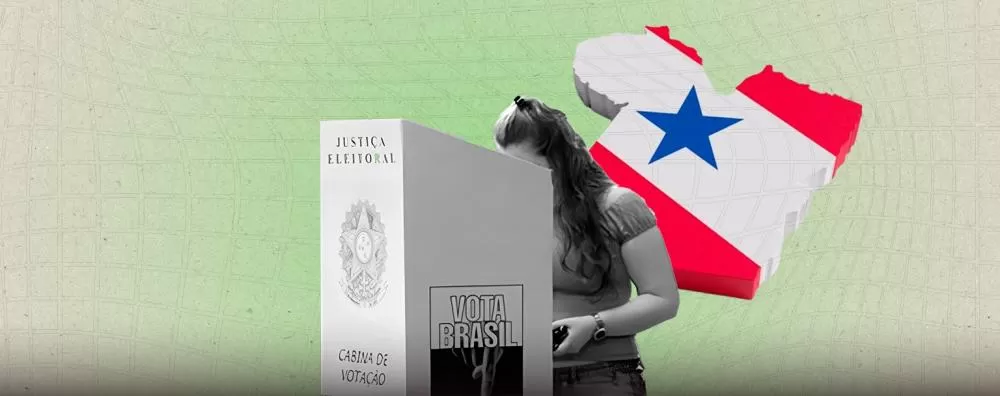 Mulher em cabina de votação sobre a bandeira do Estado do Pará (Composição de Weslley Santos/CENARIUM)