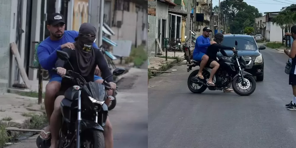A imagem mostra os dois homens no momento das ameaças, um deles com o rosto encapuzado enquanto pilota uma motocicleta. (Foto: Reprodução | Redes sociais)