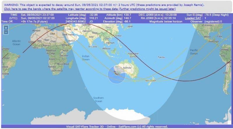 Restos do foguete devem cair perto da Austrália, segundo especialistas - (Foto: Reprodução / Satflare.com)